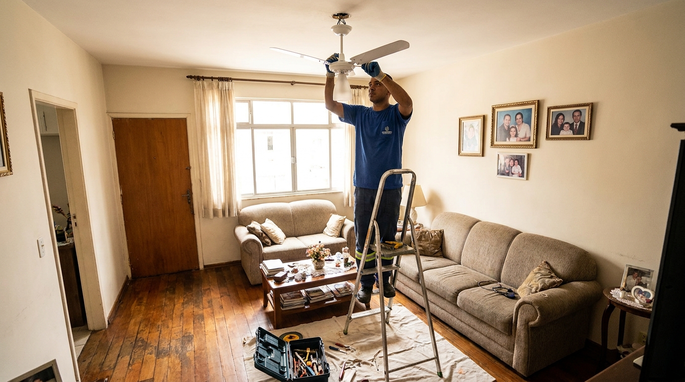 Eletricista instalando ventilador de teto em Botucatu‑SP